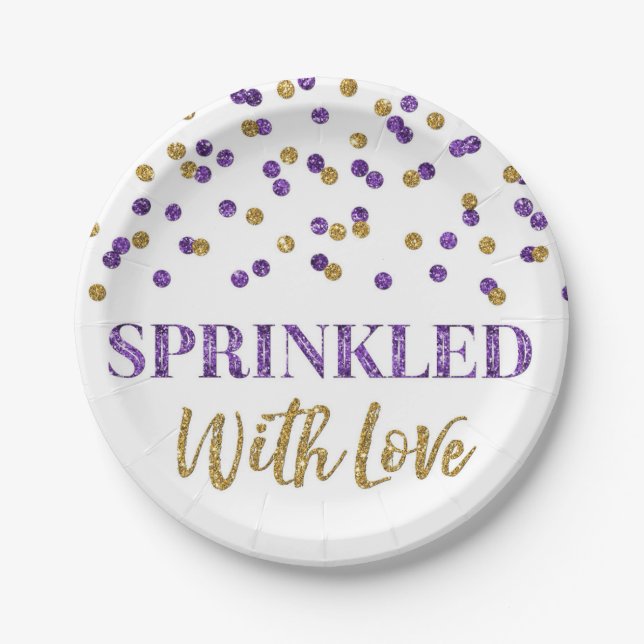 Purple Gold Confetti Sprinkled with Love Paper Plate (Front)