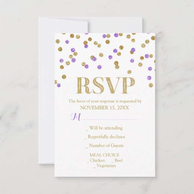 Purple Gold Confetti Wedding RSVP Cards (Front)