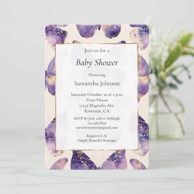 Purple Gold Cream Butterflies Baby Shower Invitation (Standing Front)