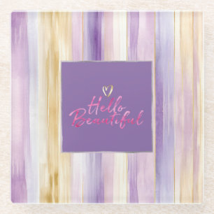 Purple Gold Cream Stripes Pink Hello Glass Coaster