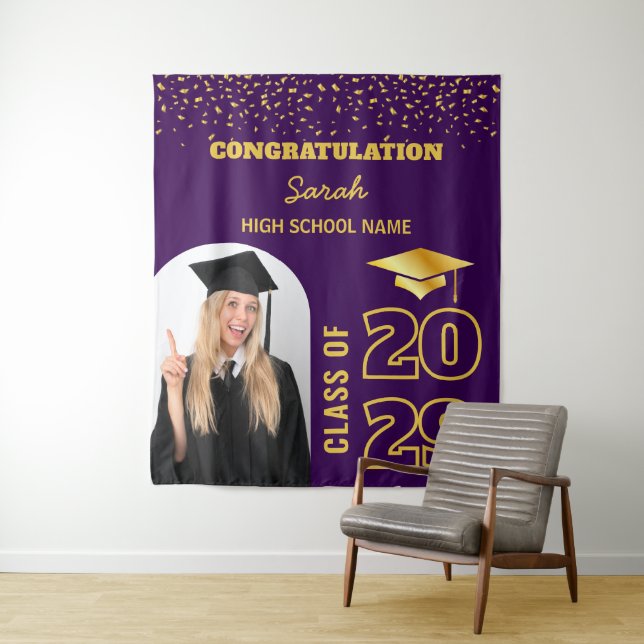 Purple & Gold Custom Graduation Backdrop & Photo Tapestry (In Situ)
