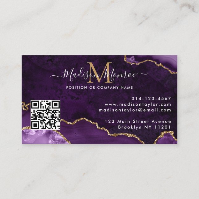 Purple Gold Custom Logo QR Code Agate Monogram Business Card (Front)