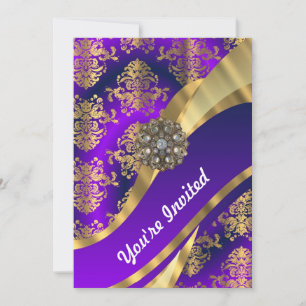 Purple & gold damask invitation