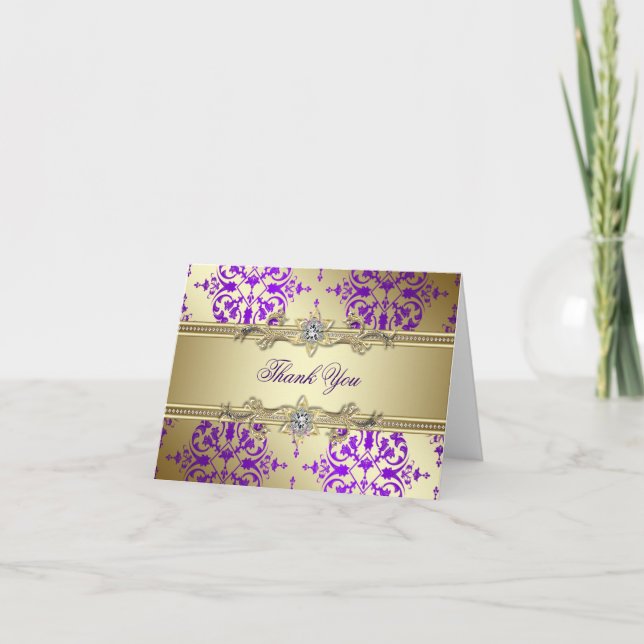 Purple Gold Damask Thank You Cards (Front)