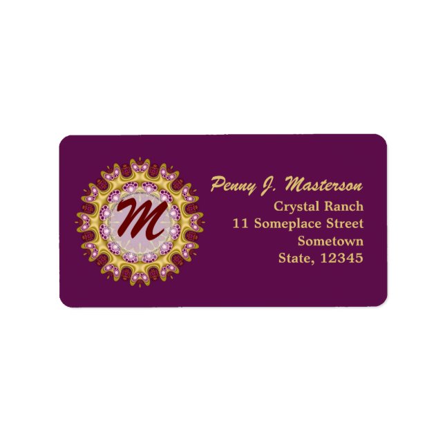 Purple+Gold Decor Wheel Monogram Address Label (Front)