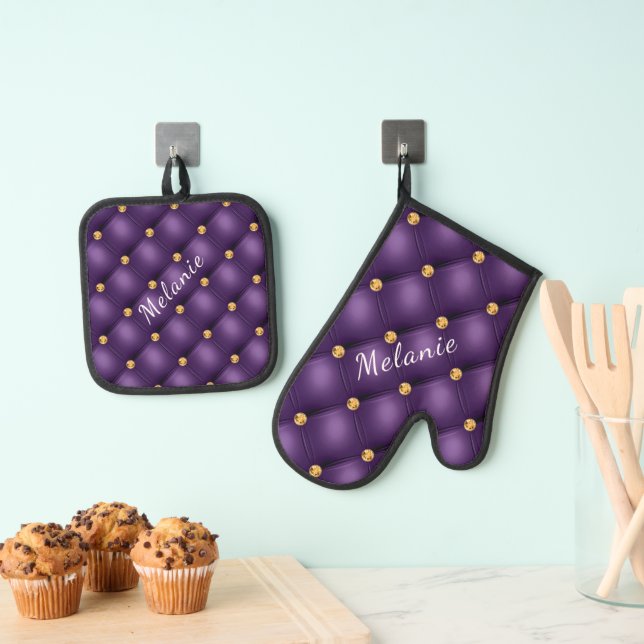 Purple Gold Diamond Tufted Custom Name Personalize Oven Mitt & Pot Holder Set (Insitu(Hanging))