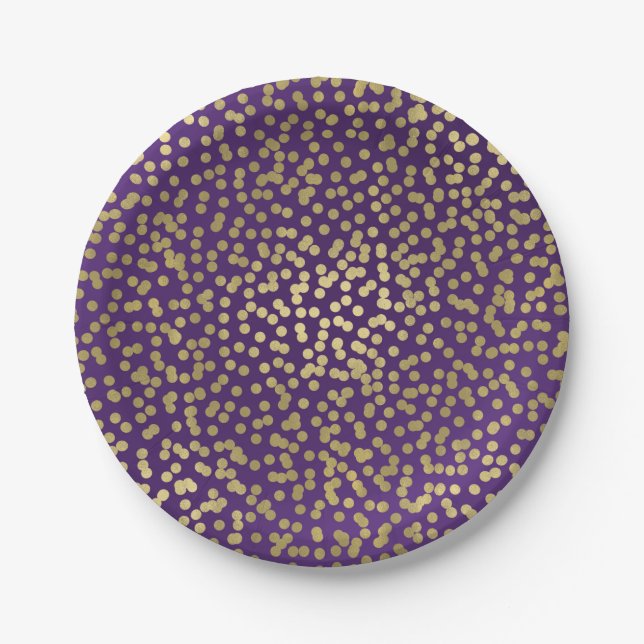 Purple & Gold Dots Confetti Elegant Glam Paper Plate (Front)