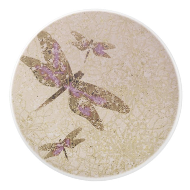 Purple & Gold Dragonflies Dragonfly Custom Chic Ceramic Knob (Front)