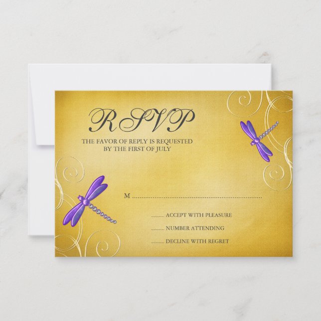 Purple Gold Dragonfly Swirls Wedding Response Card (Front)
