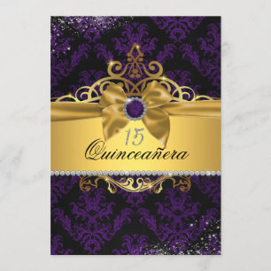 Purple Gold Elegant Damask Quinceanera Invitation
