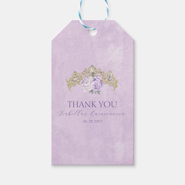 Purple & Gold Elegant Quinceañera Gift Tags (Front)