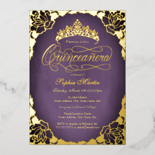 Purple Gold Elegant Script Rose Quinceanera 