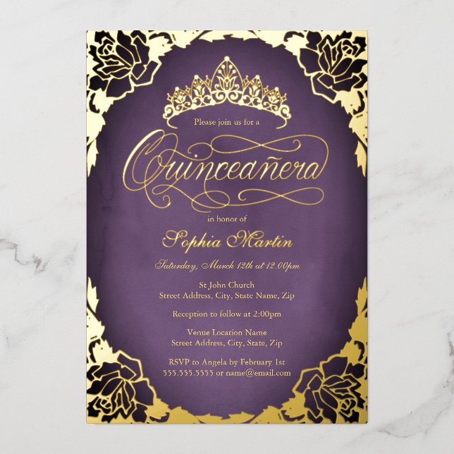 Purple Gold Elegant Script Rose Quinceanera  (Front)