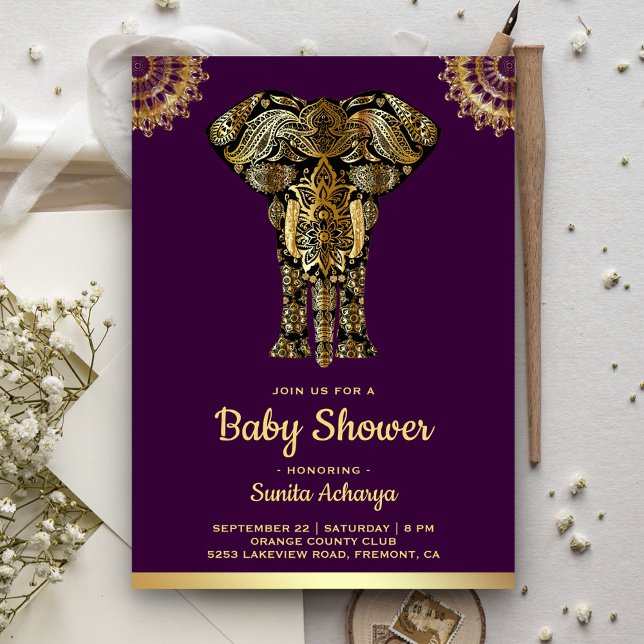Purple Gold Elephant Indian Baby Shower Invitation (Creator Uploaded)