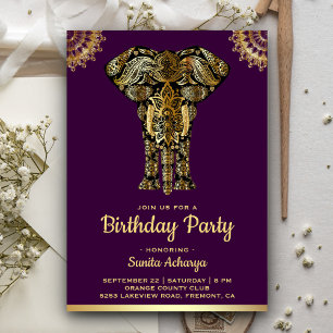 Purple Gold Elephant Indian Birthday Party Invitation