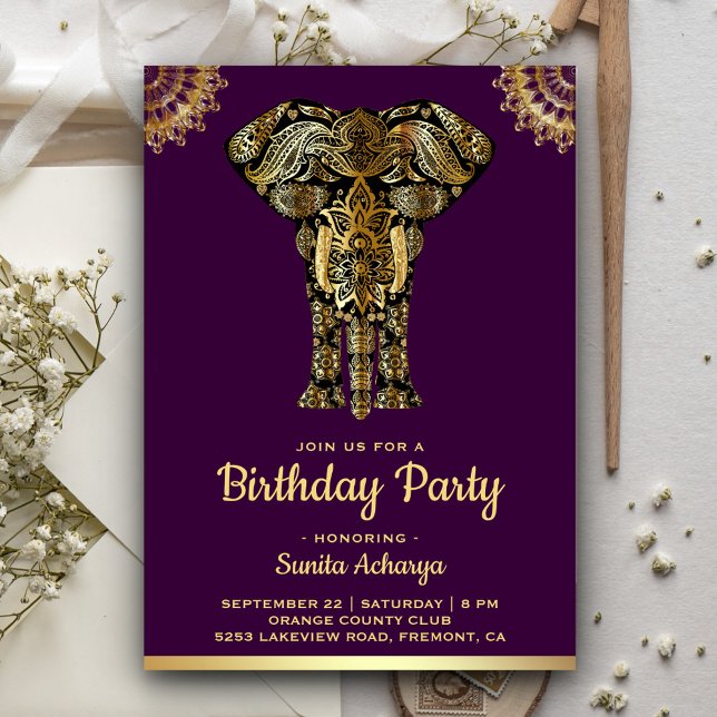 Purple Gold Elephant Indian Birthday Party Invitation (Creator Uploaded)