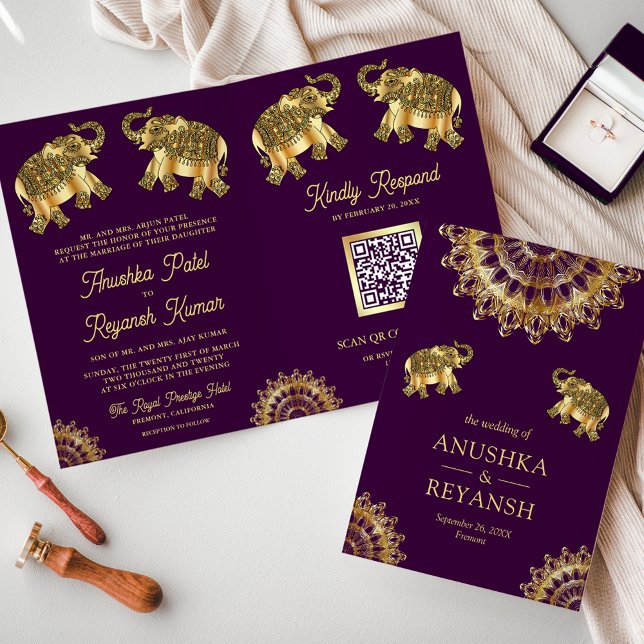 Purple Gold Ethnic Elephant Indian QR Code Wedding Invitation (Creator Uploaded)
