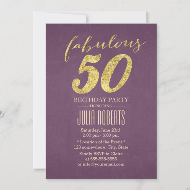 Purple & Gold Fabulous 50 Birthday Invitation (Front)
