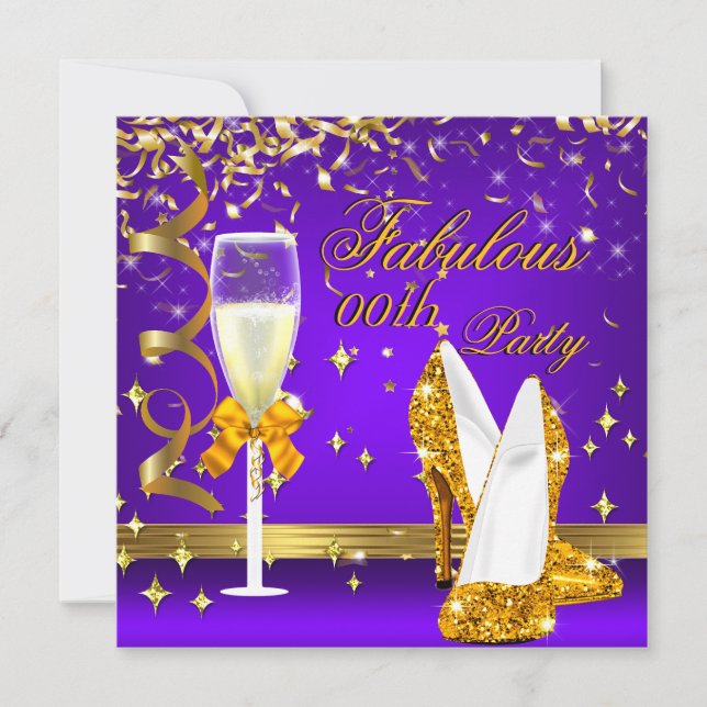 Purple Gold Fabulous Champagne Heels Birthday Invitation (Front)