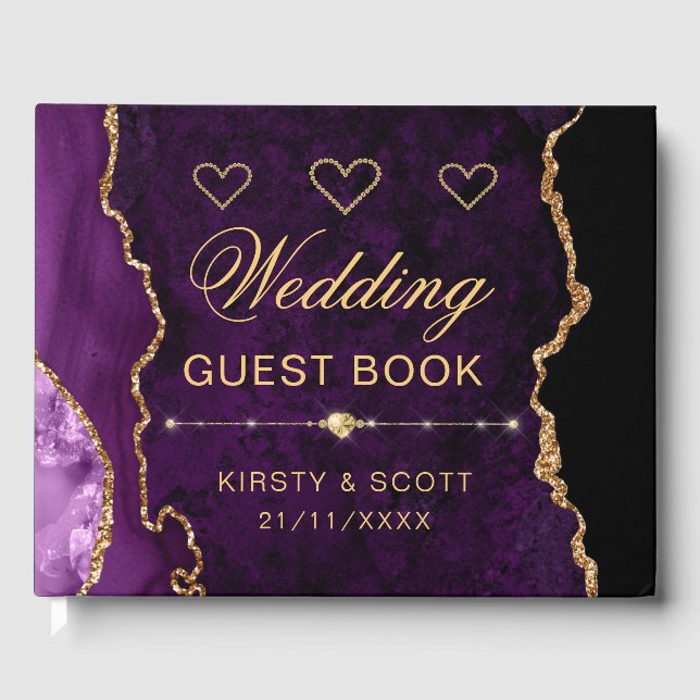 Purple & Gold Faux Glitter Agate Wedding  Guest Book (Front)