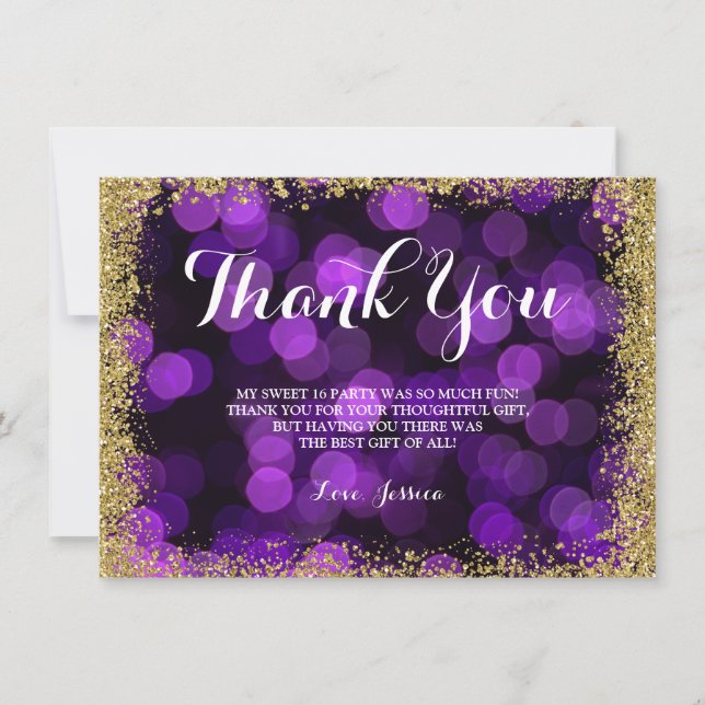 Purple Gold Faux Glitter Lights Sweet 16 Thank You Card (Front)