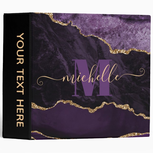 Purple & Gold Faux Glitter Marble Agate Binder (Front/Spine)