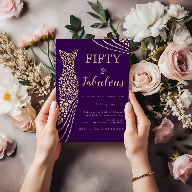 Purple & Gold Fifty & Fabulous 50th Birthday Invitation (Creator Uploaded)