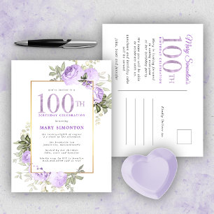 Purple Gold Floral 100th Birthday Party Invitation Postcard