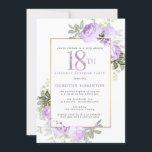 Purple Gold Floral 18th Birthday Surprise Party Invitation<br><div class="desc">Honour a special woman with this elegant and feminine 18th Birthday surprise party invitation. 18th is written in large purple text. Birthday Surprise Party follows. The honoured guest's name is also in purple capital letters. The remainder of the text is soft dove grey. The 18th birthday celebration details are surrounded...</div>