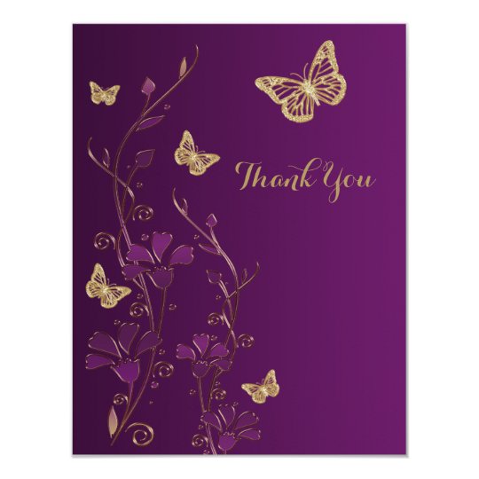 Purple, Gold Floral, Butterflies Thank You Note Card