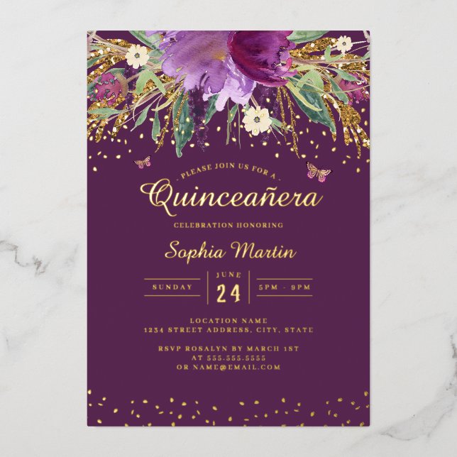 Purple Gold Floral Butterfly Quinceanera  (Front)