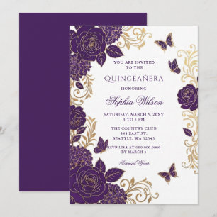 Purple Gold Floral Butterfly Quinceañera Invitation