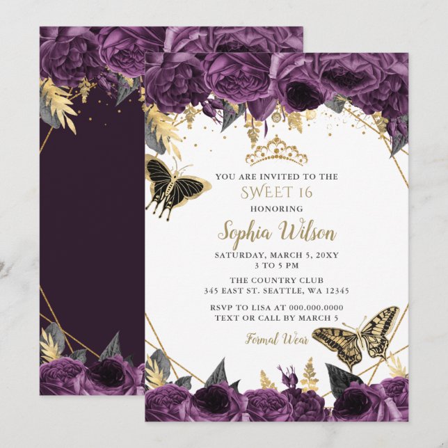 Purple Gold Floral Butterfly Sweet 16 Invitation (Front/Back)