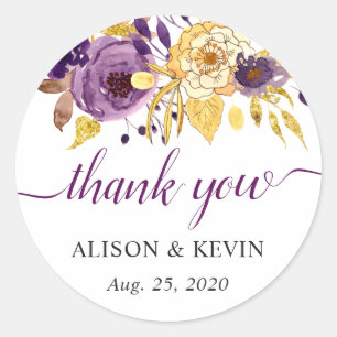 Purple Gold Floral Calligraphy Script Thank You Classic Round Sticker