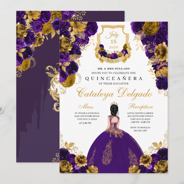 Purple & Gold Floral Elegant Quinceañera Invitation (Front/Back)
