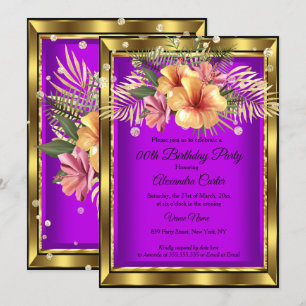 Purple Gold Floral Hibiscus Birthday Party Invitation