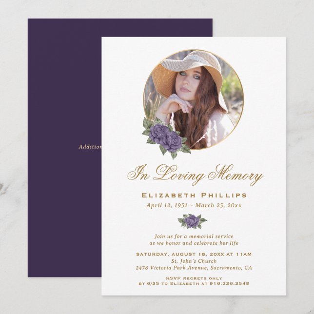 Purple Gold Floral Memorial Service Funeral Photo Invitation (Front/Back)