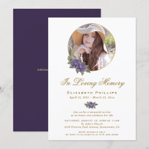 Purple Gold Floral Memorial Service Funeral Photo Invitation
