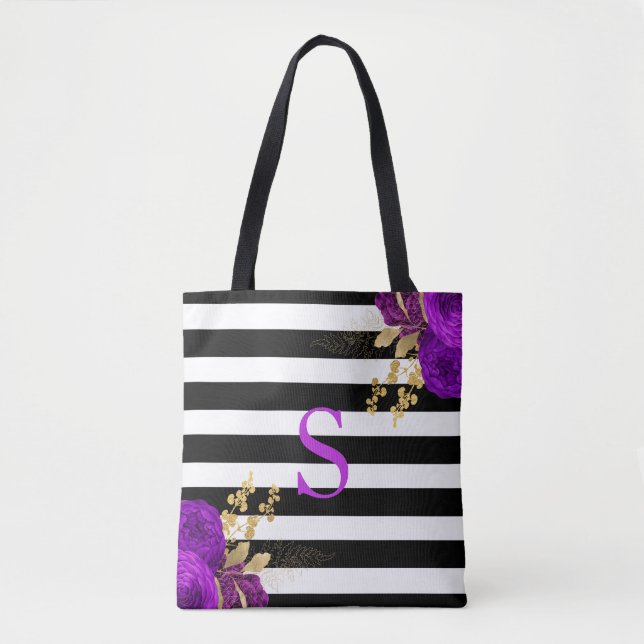 Purple Gold Floral Monogram Black White Stripes Tote Bag (Front)