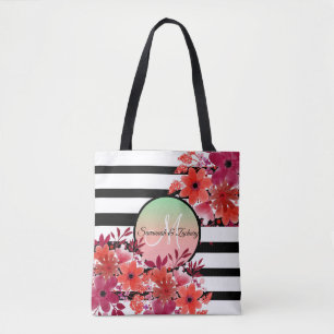 Purple Gold Floral Monogram Black White Stripes Tote Bag