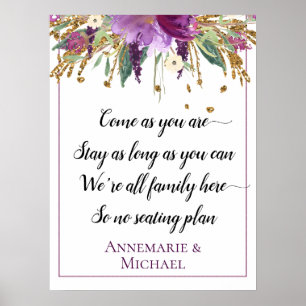 Purple Gold Floral No Seating Plan Wedding Sign