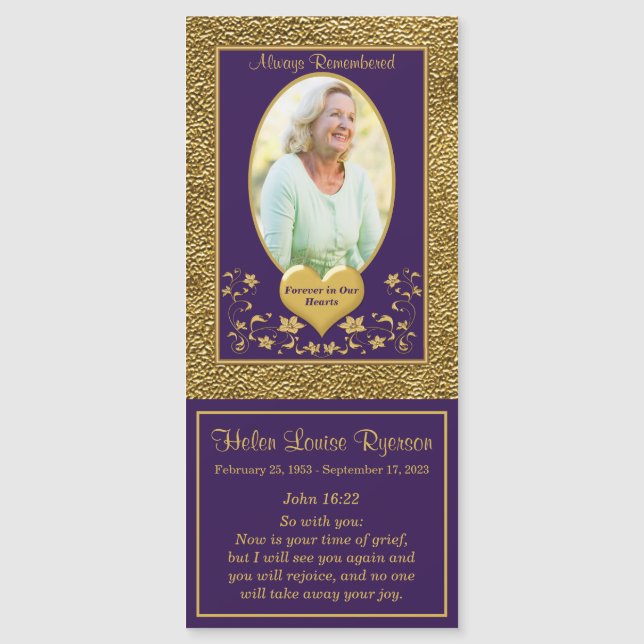 Purple, Gold Floral Photo Bereavement Magnet (Front)