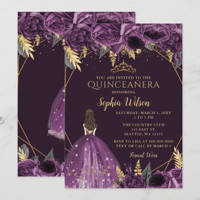 Purple Gold Floral Princess Quinceañera  Invitatio Invitation (Front/Back)
