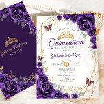 Purple Gold Floral Quinceanera Invitation<br><div class="desc">Purple,  gold and white Quinceanera celebration invitation. Features,  script font,  gold butterflies,  watercolor roses and tiara. Perfect for an elegant princess style glam celebration. Personalize with your own details. Printed Zazzle invitations or instant download digital printable template.</div>