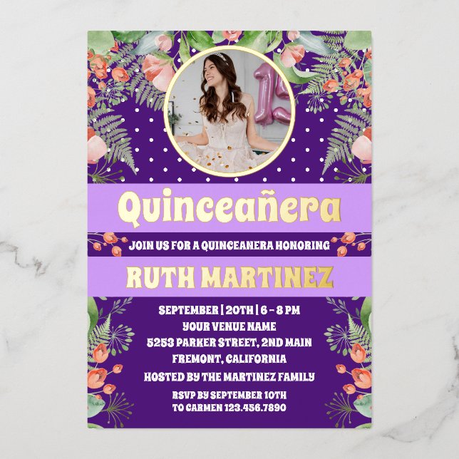 Purple Gold Floral Quinceanera Party Photo (Front)