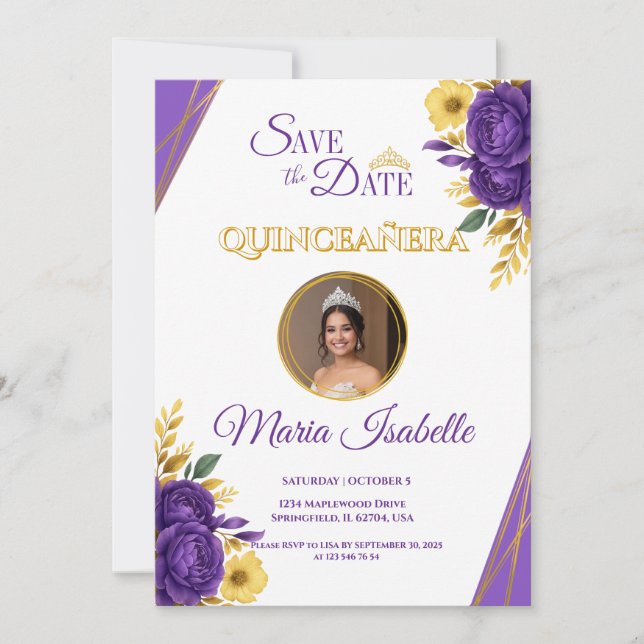 Purple & Gold Floral Quinceañera Save the Date Invitation (Front)