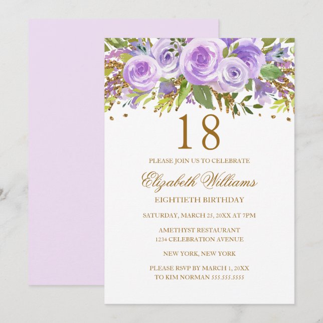 Purple Gold Floral Rose 18th Birthday Invitation (Front/Back)