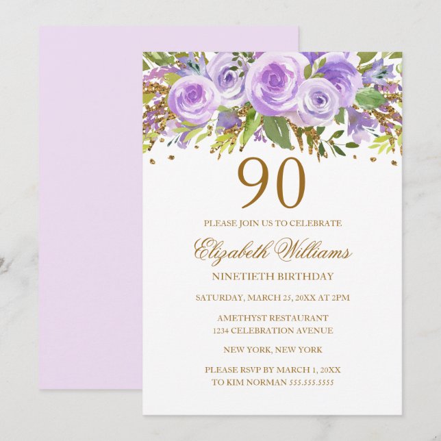 Purple Gold Floral Rose 90th Birthday Invitation (Front/Back)