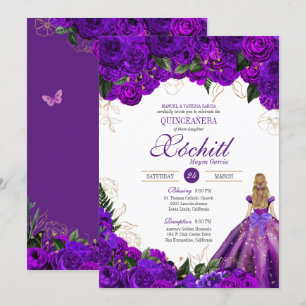 Purple Gold Floral Roses Elegant Quinceanera Invitation