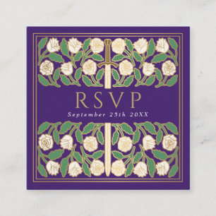 Purple Gold Floral Royal Wedding RSVP QR Code  Enclosure Card